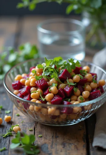 Salada de beterraba e grão-de-bico, servida com rúcula fresca e nozes torradas.