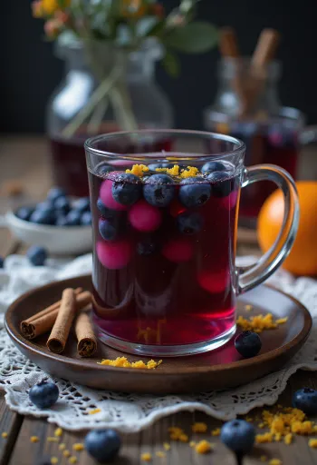 Cidra quente avermelhada com mirtilos e pau de canela