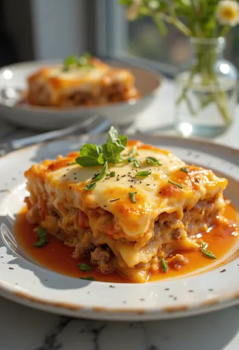 Moussaka grega tradicional servida, com camadas de beringela, carne picada e molho bechamel.