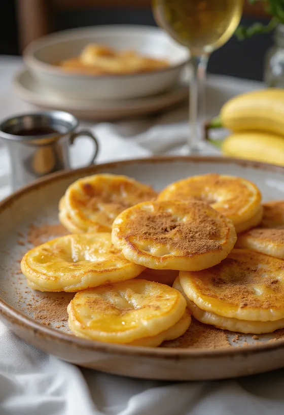 Malpua com banana, servido com fatias de banana fresca