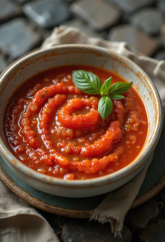 Molho de tomate e manjericão fresco numa colher