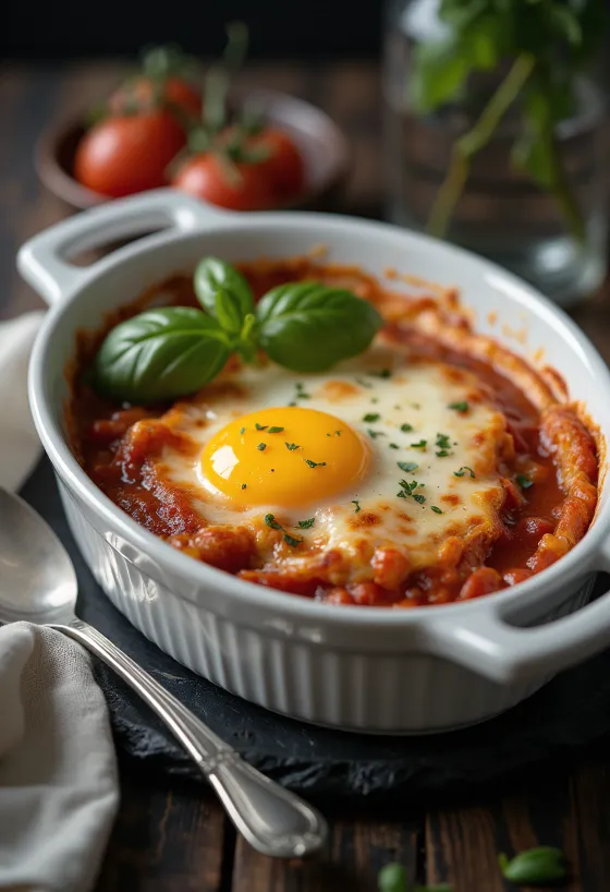 Parmigiana sem glúten servida com beringela assada, molho de tomate e queijo derretido