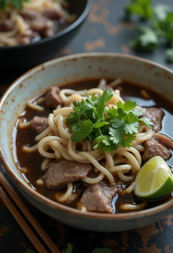 Pho com molho de soja servido numa tigela, sopa rica com coentros frescos e fatias de lima.