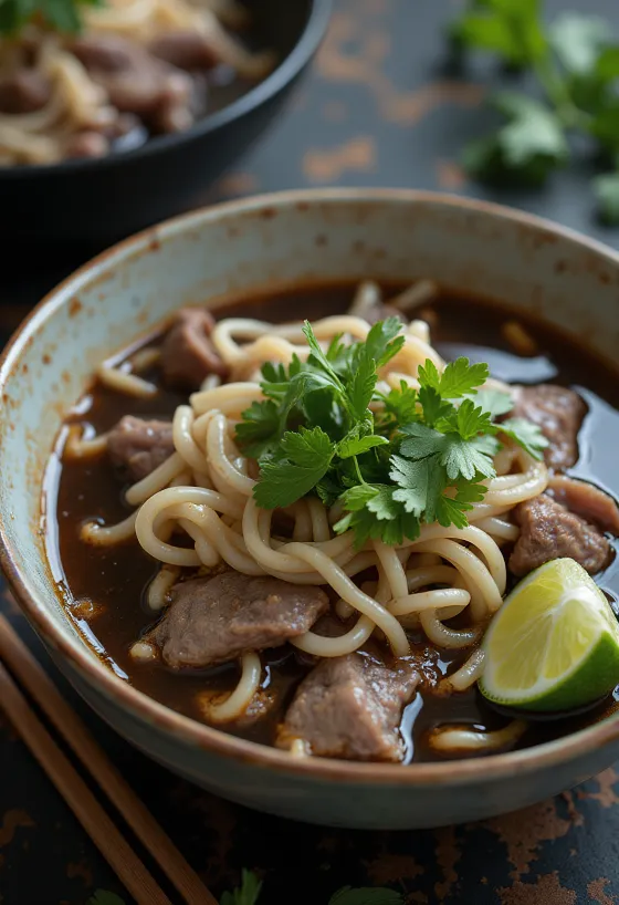 Pho com molho de soja servido numa tigela, sopa rica com coentros frescos e fatias de lima.
