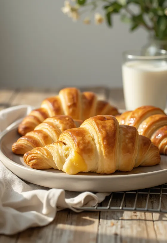 Croissants de manteiga frescos e crocantes, assados dourados