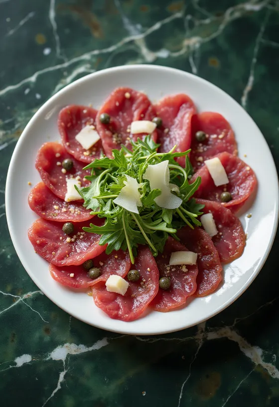 Carpaccio de veado decorado com rúcula e Parmesão