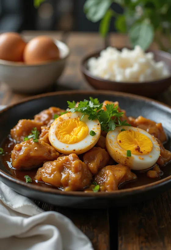 Adobo servido com ovos, frango e ovos unidos num prato delicioso.