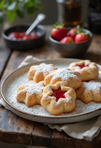 Bolachas Linzer de morango polvilhadas com açúcar em pó, recheadas com doce