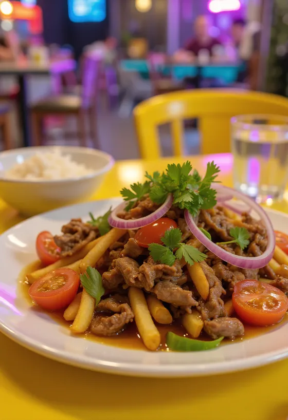Lomo saltado com lima, prato peruano com carne de vaca, tomate e batata frita
