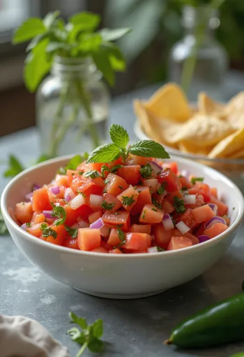 Molho salsa pico de gallo com tomate picado, cebola e coentros