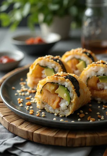 Temaki com tofu servido com sementes de sésamo