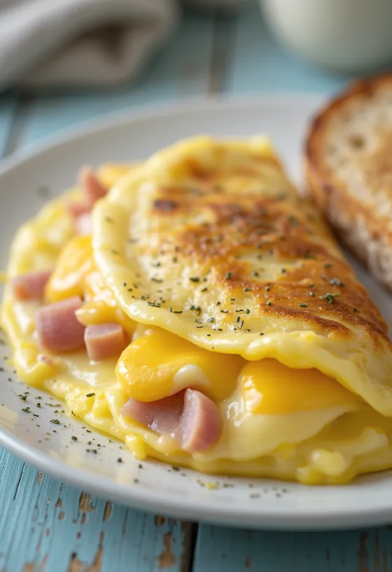 Omeleta recheada com vegetais frescos e queijo derretido no interior