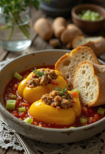 Pimentos recheados em molho de tomate, recheados com arroz e carne picada