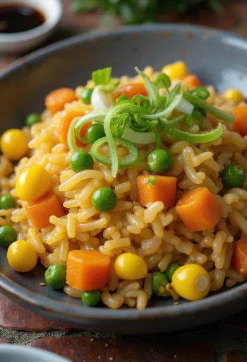 Arroz frito vegan com legumes coloridos, servido fresco num wok.