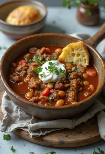 Chili de veado servido numa tigela rústica