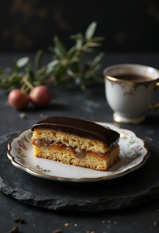 Bolo Zserbó caseiro com massa tenra, recheio de noz e cobertura de chocolate