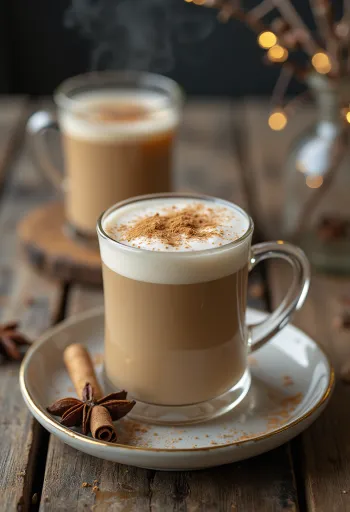 Chai tea latte numa caneca, decorado com canela e cardamomo