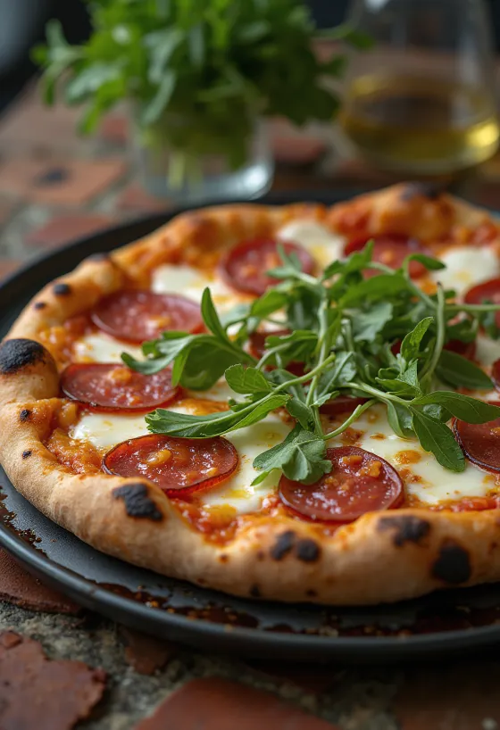 Pizza Diavola com rúcula e salame picante