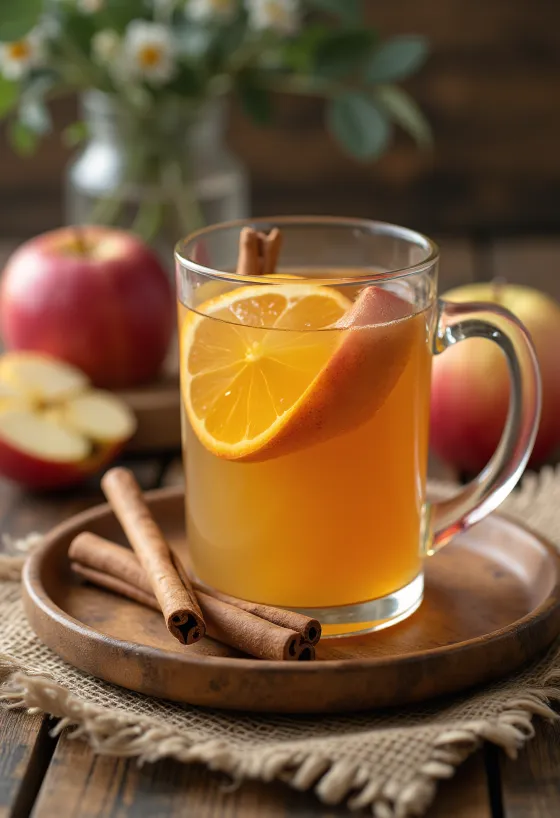 Cidra de maçã e canela refrescante servida em copos