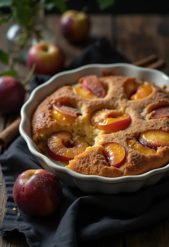 Bolo de ameixa e canela servido com açúcar em pó e canela