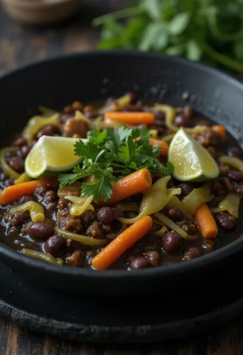 Feijoada vegana, prato de feijão com legumes, servido com lima e coentros