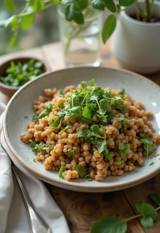 Kasha com salsa, servida num recipiente simples, com o trigo-sarraceno bem visível