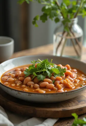 Lobio com coentros, prato de feijão georgiano servido com coentros frescos