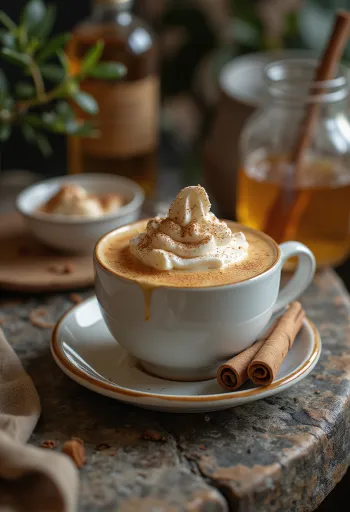 Chávena de latte com espuma generosa, polvilhada com canela