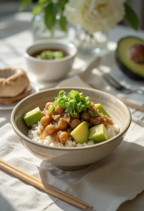 Nattō com abacate, tigela de arroz japonês servido com molho de soja, cebolinho e sementes de sésamo