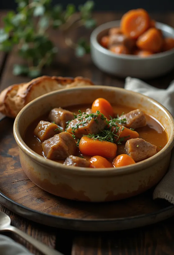 Vitela estufada servida com legumes