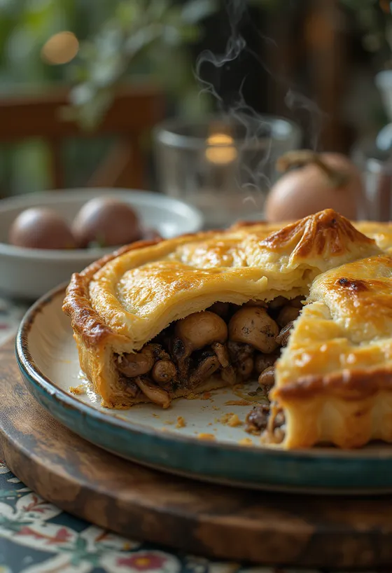 Tarte de pombo servida com crosta dourada.
