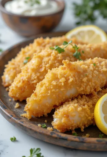 Peixe panado frito dourado, servido com fatias de limão fresco e salada.