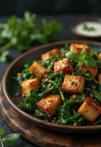 Cubos de tofu com espinafres servidos