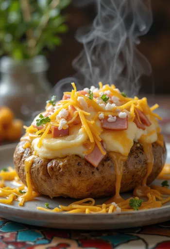 Batata recheada com queijo, fiambre e legumes assada