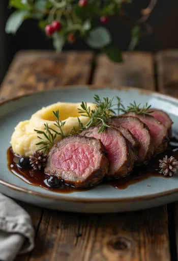 Lombo de veado com molho de zimbro servido com legumes assados