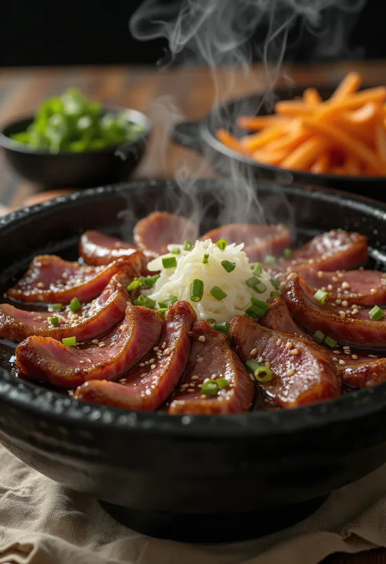 Bulgogi de Wagyu, carne de vaca condimentada servida