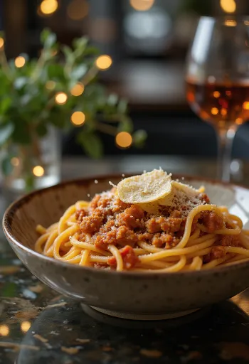 Esparguete à Bolonhesa com manjericão fresco e polvilhado com parmesão