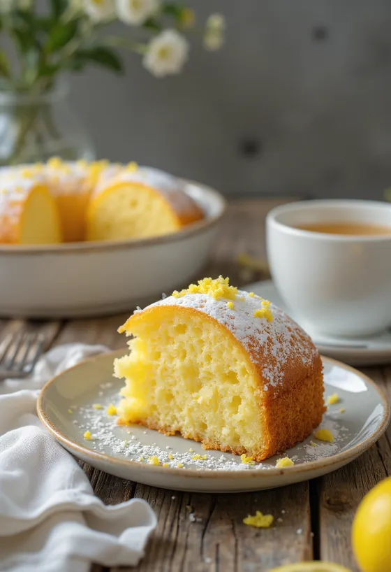 Bolo de limão com casca de limão fresca e polvilhado com açúcar em pó