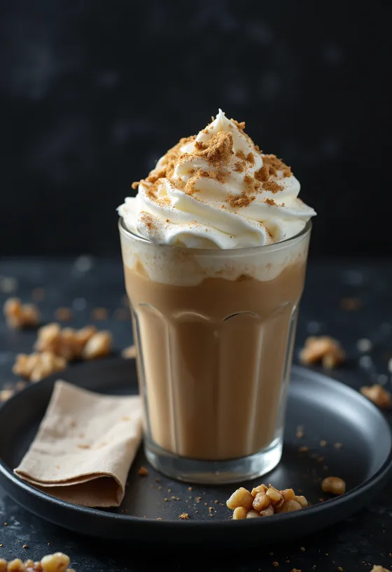 Copo alto com frappuccino, chantilly e pedaços de noz