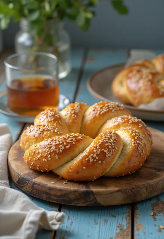 Pilha de pães turcos Simit em forma de anel, cobertos de sementes de sésamo