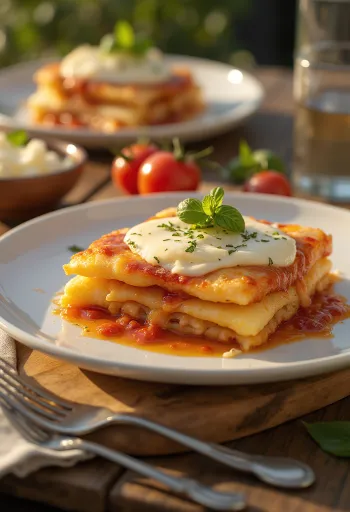 Parmigiana com queijo mozarela, servida com beringela e molho de tomate