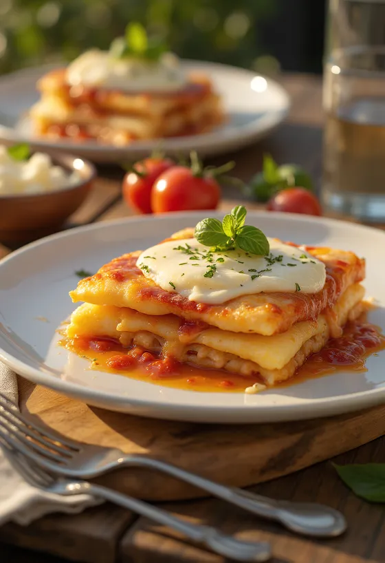 Parmigiana com queijo mozarela, servida com beringela e molho de tomate