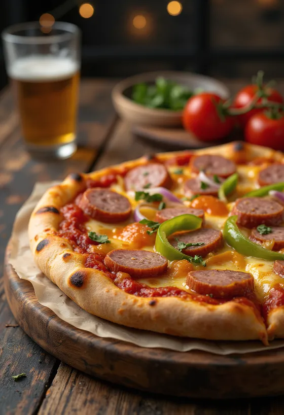 Pizza de salsicha kielbasa polaca com vegetais frescos