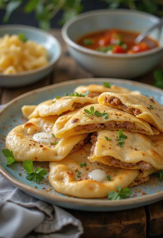 Qutab azeri recheado servido com ervas