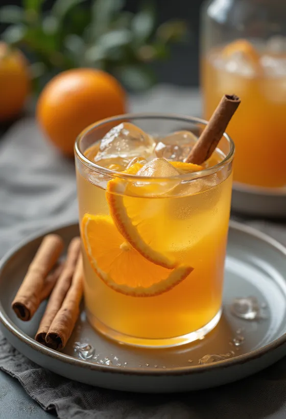 Sumo de laranja refrescante com rum no copo com gelo e rodela de laranja
