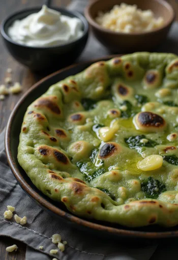Pão naan de espinafres servido