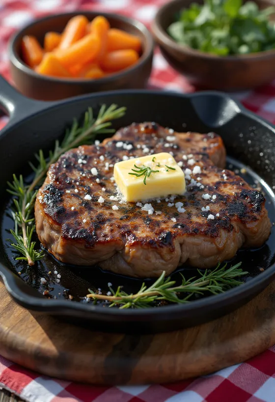 Bife de iaque servido com legumes assados e alecrim fresco