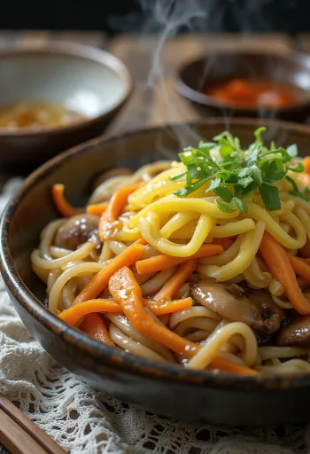 Yaki udon fresco, frito estaladiço, em molho de soja rico, servido com ovo