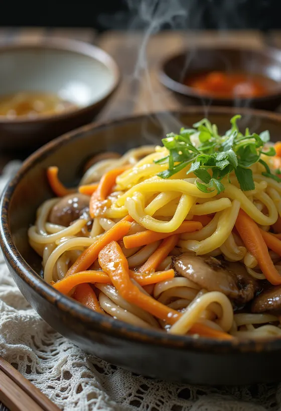 Yaki udon fresco, frito estaladiço, em molho de soja rico, servido com ovo
