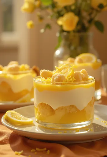 Sonho de limão em camadas com palitos de la reine e creme de mascarpone, decorado com limão fresco